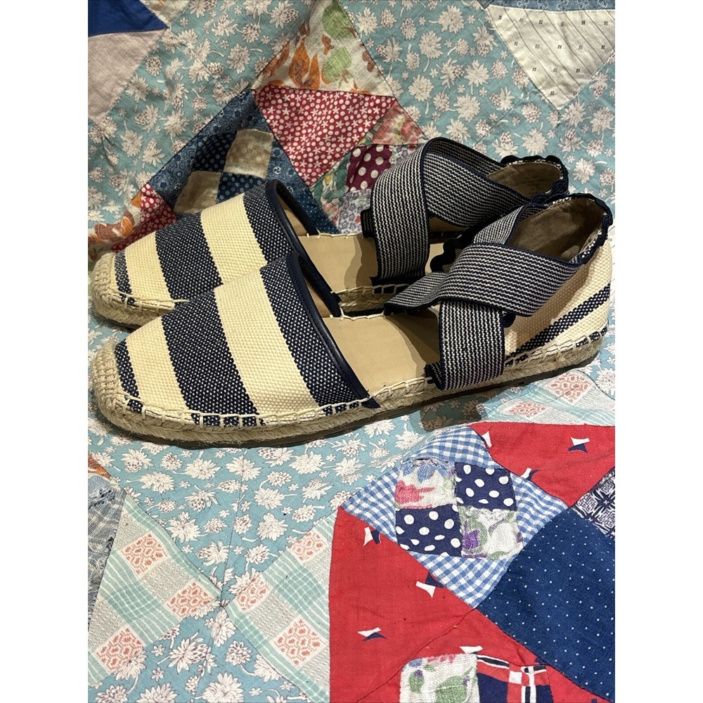 Lands' End Canvas Espadrilles Size 9.5 B Navy Blue Ecru Nautical Stripe Sandals - Picture 4 of 9